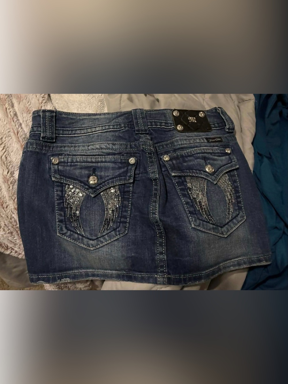 Miss Me Dark Wash Jean Skirt with angel wings size 28